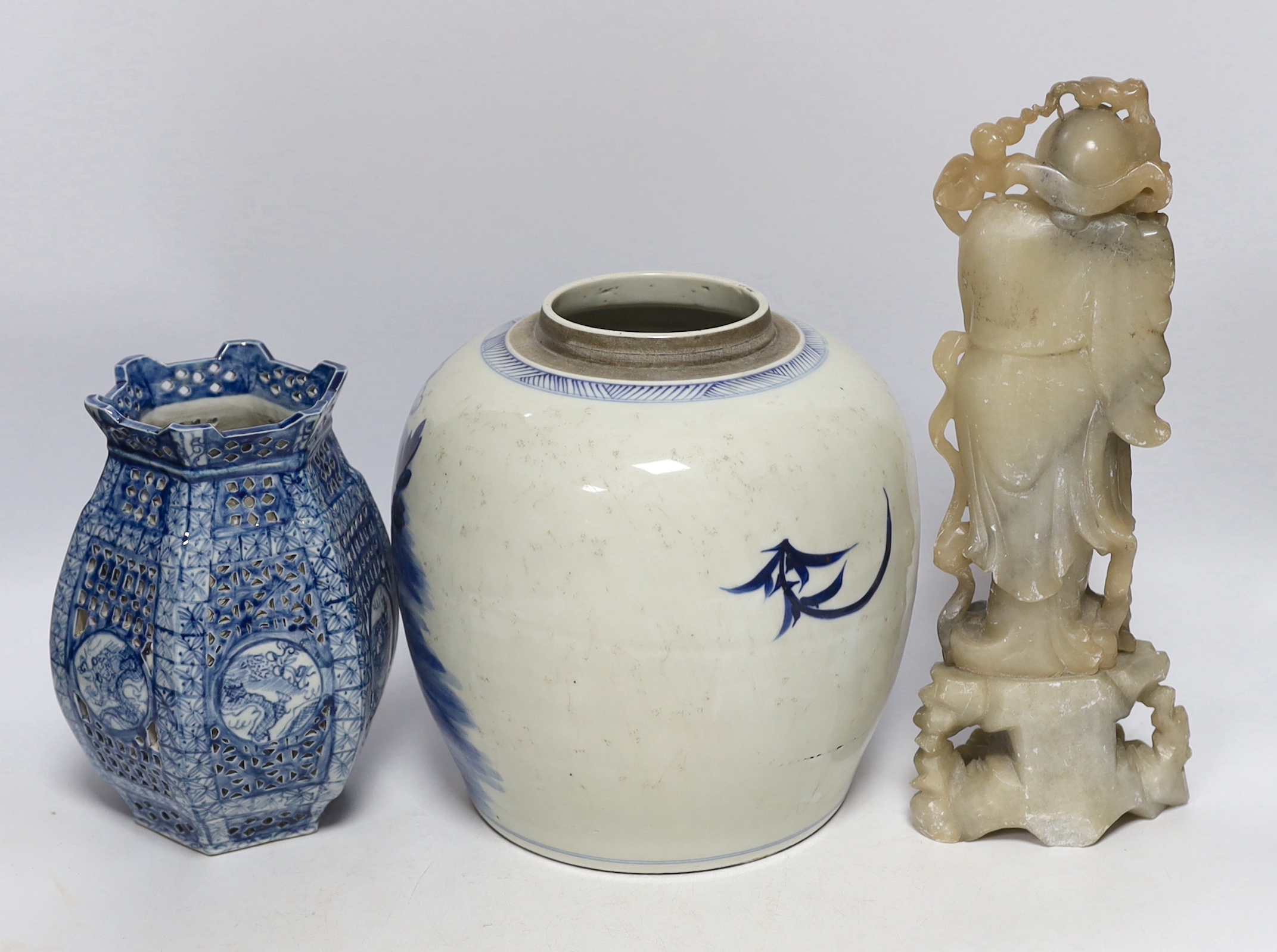 A collection of Chinese items to include a Chinese blue and white jar, a soapstone figure, Chinese blue and white plates, two bowls, a cinnabar lacquer lid, a twin handled censer, a Chinese famille rose teapot. a 'dragon